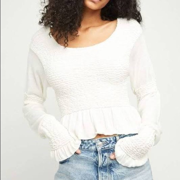 FREE PEOPLE Smocked Peplum Knit Top In Evening Cream Spirit Size M White Boho. - Picture 2 of 9